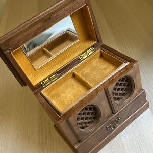 Vintage Wooden Musical Jewelry Box, Lattice Front, One Drawer, Top Opening